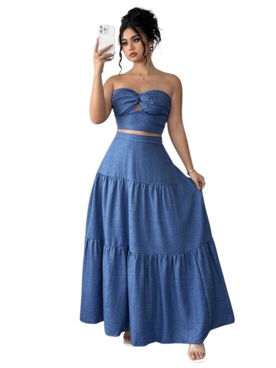 SHEIN Dresses & Skirts - #A74 Blue Strapless Tiered Maxi Skirt